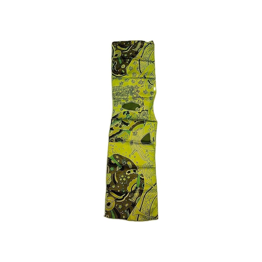 Vintage Lime Green Acetate Scarf w/ Artsy Woman Castle Trumpet Floral